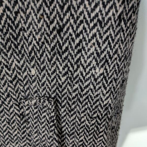 Vintage Wool Blend Coat L Black Cream 80s 90s Overcoat Trench Herringbon Classic - Picture 10 of 16